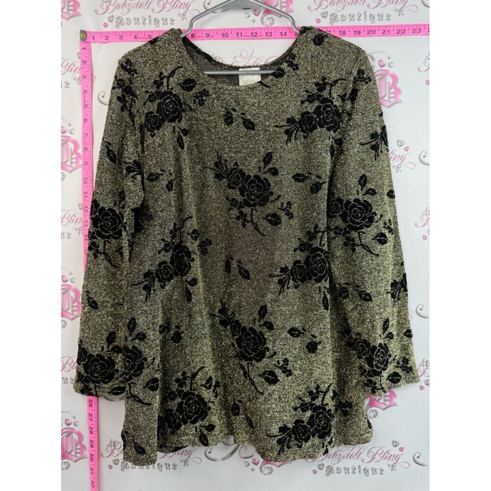 Style studio long sleeve shiny Metallic Gold Floral Burnout Long Sleeve Top
